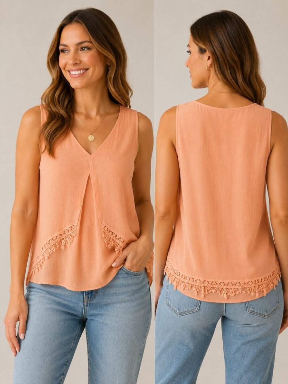 Melissa Paige Sleeveless Blouse W/Feminine Crochet Lace Trim Soft Peach Medium